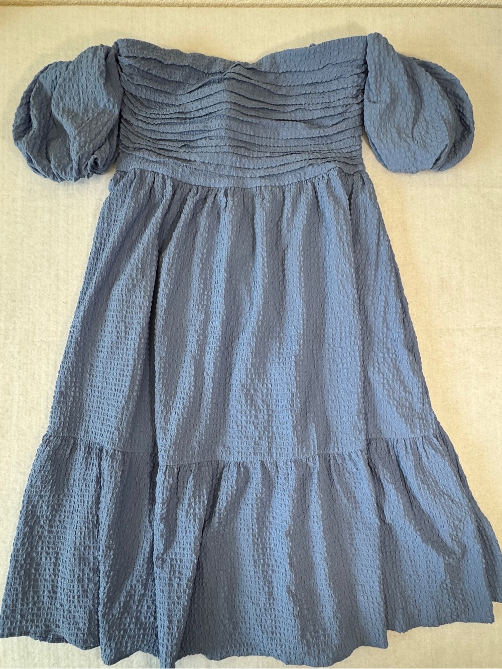 Emerson textured Puff-Sleeve Smocked Cotton Dress in Dusty Blue